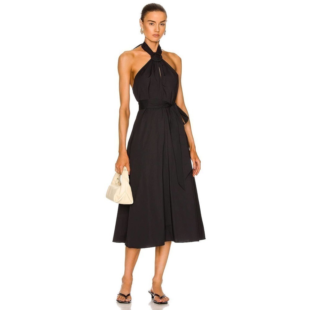 STAUD Kai Midi Length Stretch Cotton Black Halter Dress Size L NWT